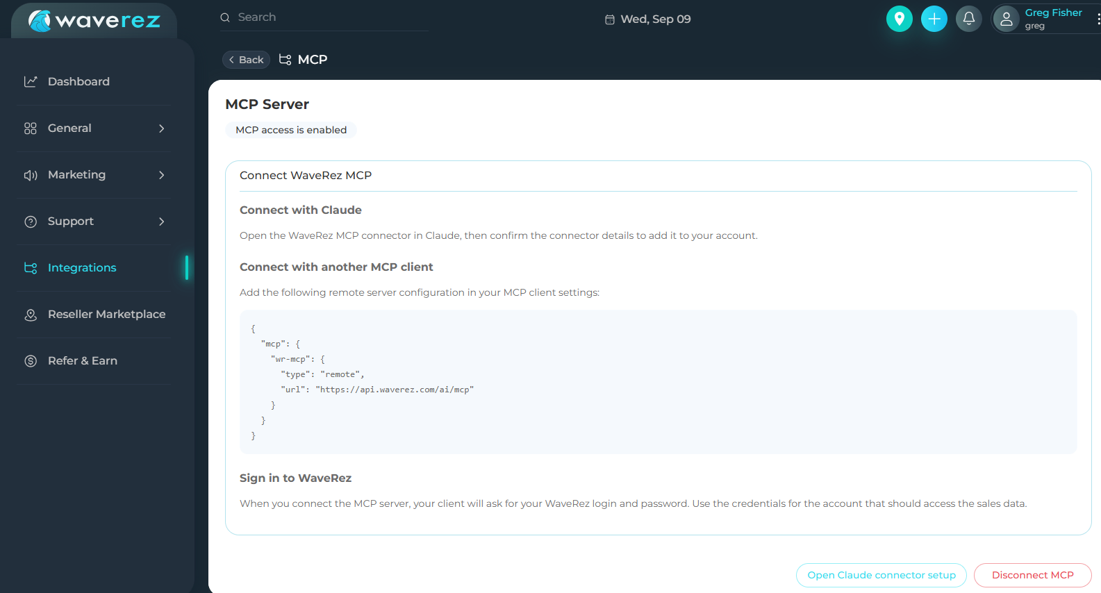 WaveRez Integrations menu open to the MCP Server page, showing connection instructions and the Claude connector setup button